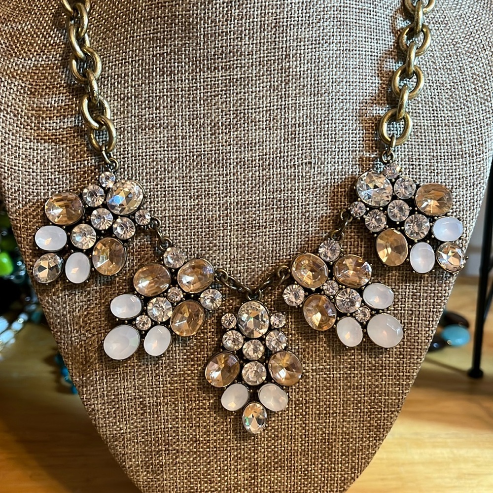 Antiqued gold tone rhinestone statement necklace